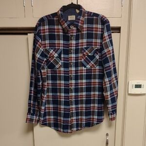 Vintage Sears Men's Navy and Red Plaid Button-Down Shirt